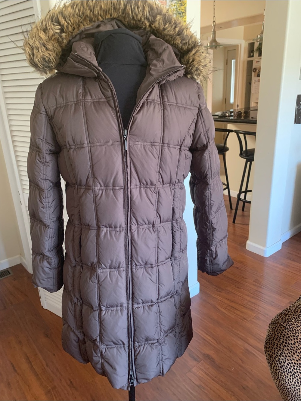 Weatherproof Brown Quilted Puffer Coat with removable hood, and down filler